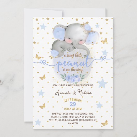 Olifant Botanische Pastel Blauw Baby Jongen Douche Kaart (Voorkant)