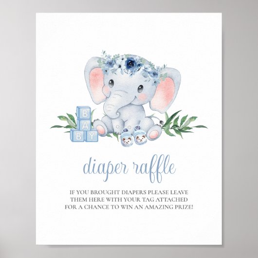 Olifant Boy Blauw Baby shower Luier Raffle Teken Poster (Voorkant)