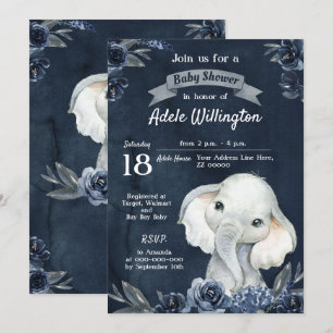 Olifant Boy Waterverf Bloemen Navy Blauw Baby Kaart