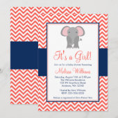Olifant Chevron Koraal Navyblauw Meisje Baby Showe Kaart (Voorkant / Achterkant)