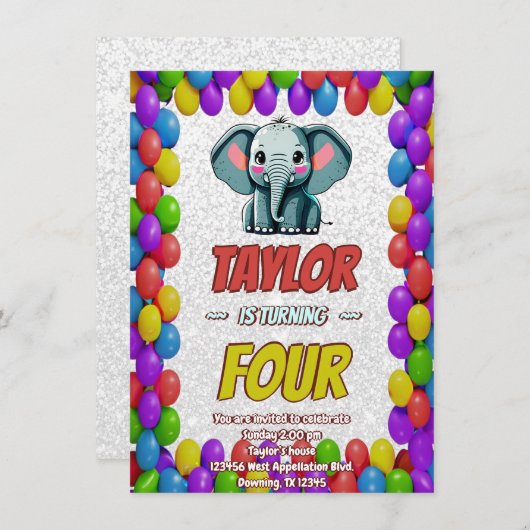 Olifant Cute Persoonlijke Uitnodiging Verjaardagsf (Voorkant / Achterkant)