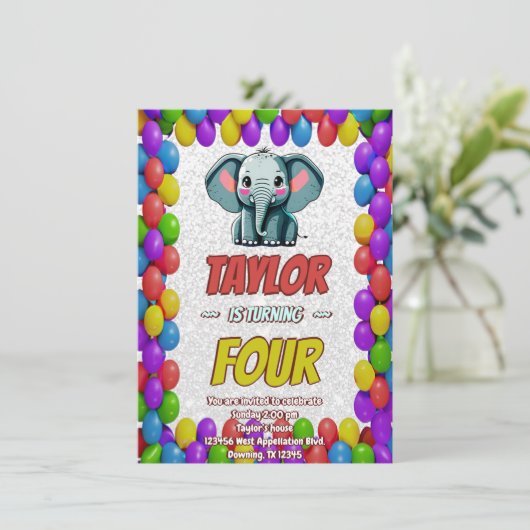 Olifant Cute Persoonlijke Uitnodiging Verjaardagsf (Staand voorkant)