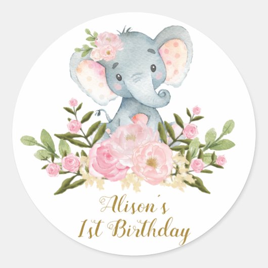 Olifant Dank u Sticker Floral Verjaardagsgunsten (Voorkant)