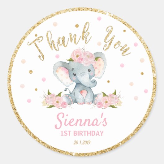 Olifant dank u Sticker labels verjaardagsgunsten (Voorkant)