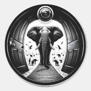 Olifant door de Peephole Doorway   Fisheye Ronde Sticker