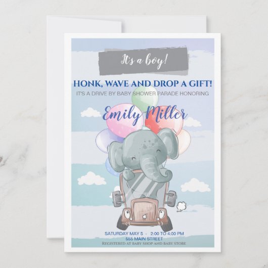 Olifant drive-by baby shower uitnodiging jongen (Voorkant)