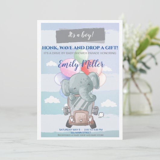 Olifant drive-by baby shower uitnodiging jongen (Staand voorkant)