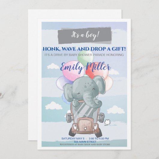 Olifant drive-by baby shower uitnodiging jongen (Voorkant / Achterkant)