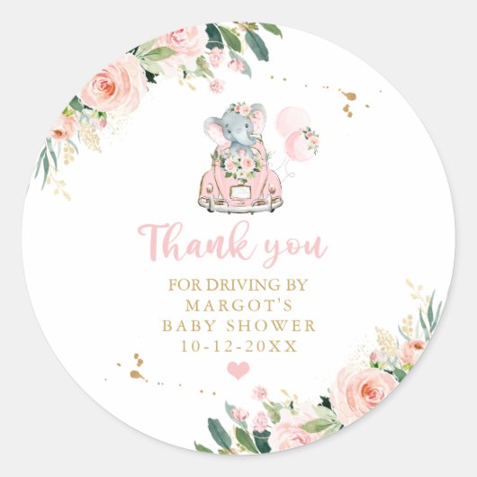 Olifant Drive van Baby shower Pink Rose Ronde Sticker (Voorkant)
