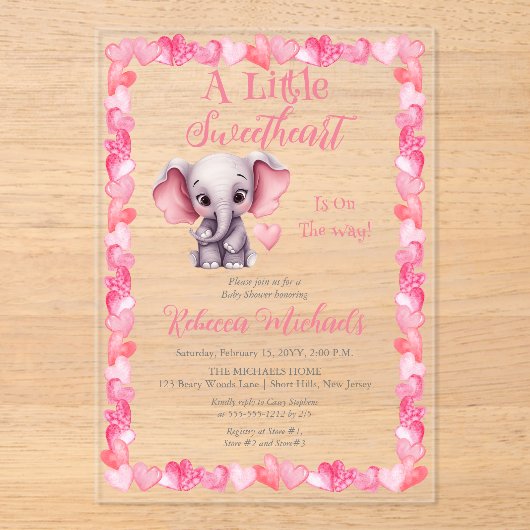 Olifant Een Kleine Liefje Meisje Baby shower Acryl Uitnodigingen (Voorkant)