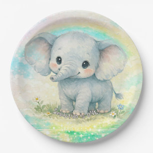 Olifant Eerste Verjaardag Regenboog Roze Pastel Jo Papieren Bordje