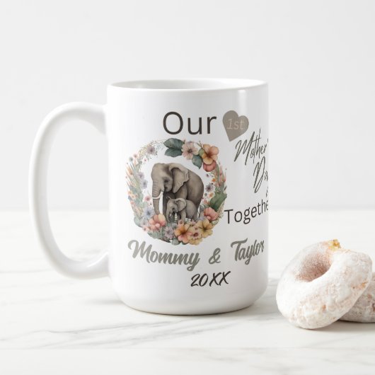 Olifant en baby, onze eerste Moederdag samen Koffiemok (Met donut)