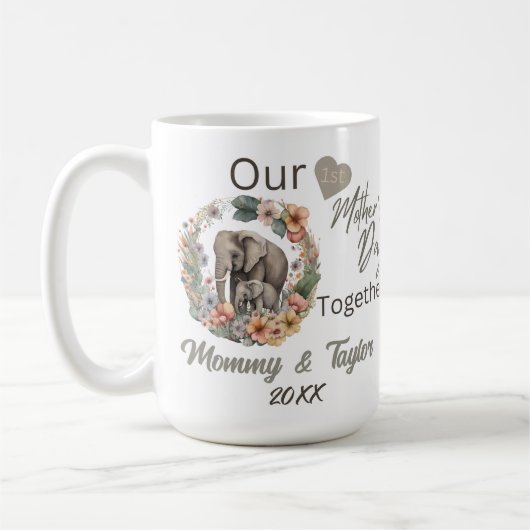 Olifant en baby, onze eerste Moederdag samen Koffiemok (Links)