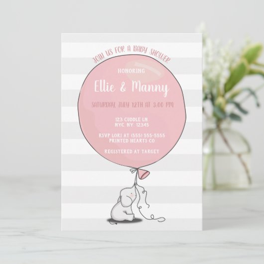 Olifant en Ballon Baby shower Invitation | roze Kaart (Staand voorkant)