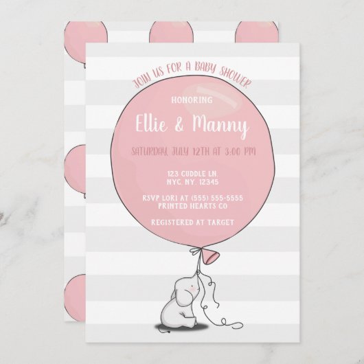 Olifant en Ballon Baby shower Invitation | roze Kaart (Voorkant / Achterkant)