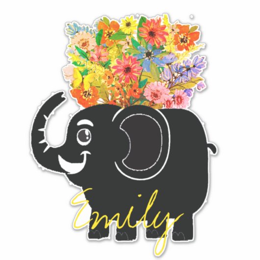 Olifant en bloemen gepersonaliseerd sticker (Voorkant)