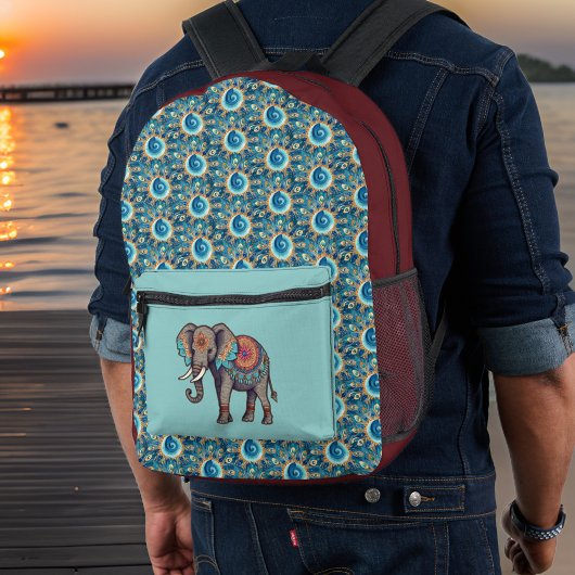 Olifant en Deep Aqua Red Mandalas n Initialen Bedrukte Rugzak