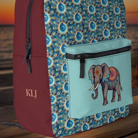 Olifant en Deep Aqua Red Mandalas n Initialen Bedrukte Rugzak