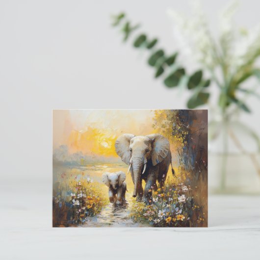 Olifant en kalf bloemen en zonsondergang schilderi briefkaart (Staand voorkant)