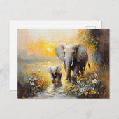 Olifant en kalf bloemen en zonsondergang schilderi briefkaart (Voorkant / Achterkant)
