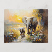 Olifant en kalf bloemen en zonsondergang schilderi briefkaart (Voorkant)
