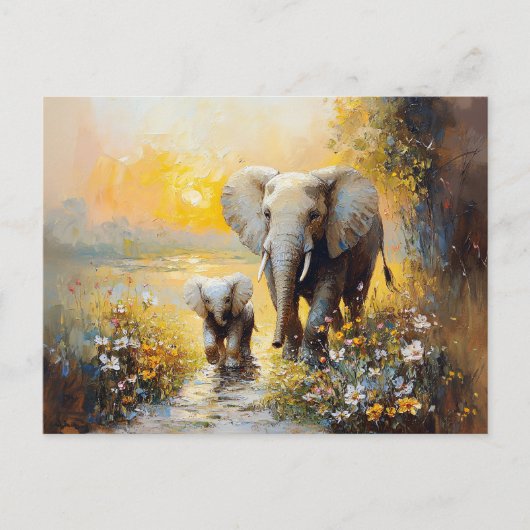 Olifant en kalf bloemen en zonsondergang schilderi briefkaart (Voorkant)