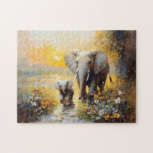 Olifant en kalf bloemen en zonsondergang schilderi legpuzzel (Horizontaal)