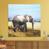 Olifant en kalf olieverfschilderij canvas afdruk (Insitu (Woonkamer))