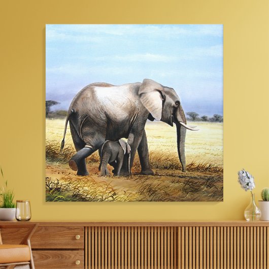 Olifant en kalf olieverfschilderij canvas afdruk (Insitu (Woonkamer))
