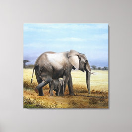 Olifant en kalf olieverfschilderij canvas afdruk