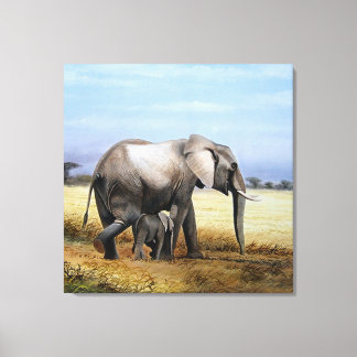 Olifant en kalf olieverfschilderij canvas afdruk