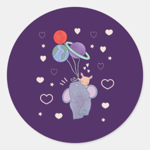 Olifant en Konijn Ruimtereis met Ballon Whimsica Ronde Sticker