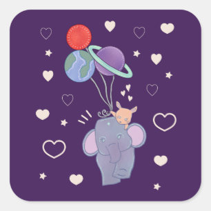 Olifant en Konijn Ruimtereis met Ballon   Whimsica Vierkante Sticker