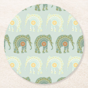 Olifant en Mandala in Lichtgroen Ronde Kartonnen Onderzetter
