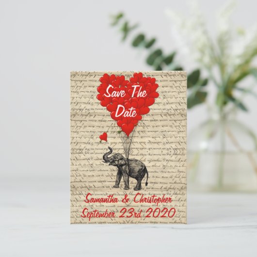 Olifant en rood hart slaan de datum op aankondigingskaart (Staand voorkant)