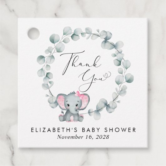 Olifant Eucalyptus Baby Meisje Douche Dank u Bedankjes Labels (Voorkant)