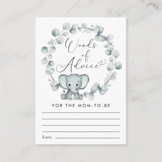 Olifant Eucalyptus Woorden van advies Baby shower Informatiekaartje (Voorkant)
