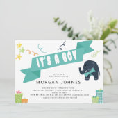 Olifant Feest Jongen | Baby Shower Uitnodiging (Staand voorkant)