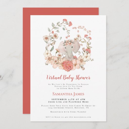 Olifant  gebladerte koraal virtueel Baby shower Kaart (Voorkant / Achterkant)