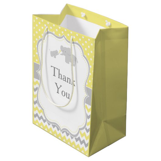 Olifant Geel en Grijs Baby shower Bedankt Medium Cadeauzakje (Achterkant Gekanteld)