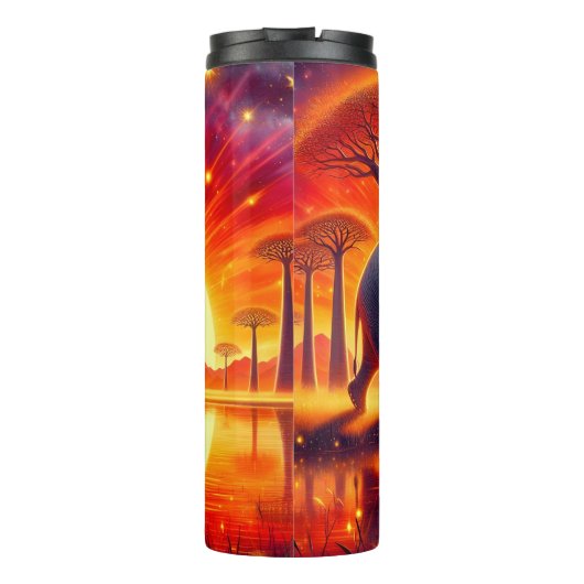 Olifant gesilhouet tegen vurige zonsondergang thermosbeker (Achterkant)