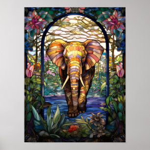 Olifant Glas-in-lood Raamontwerp Poster