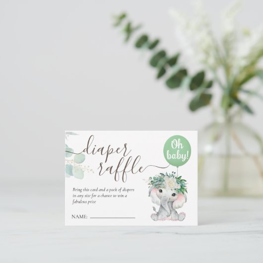 Olifant Groene Ballon Baby shower Luier Raffle Informatiekaartje (Staand voorkant)