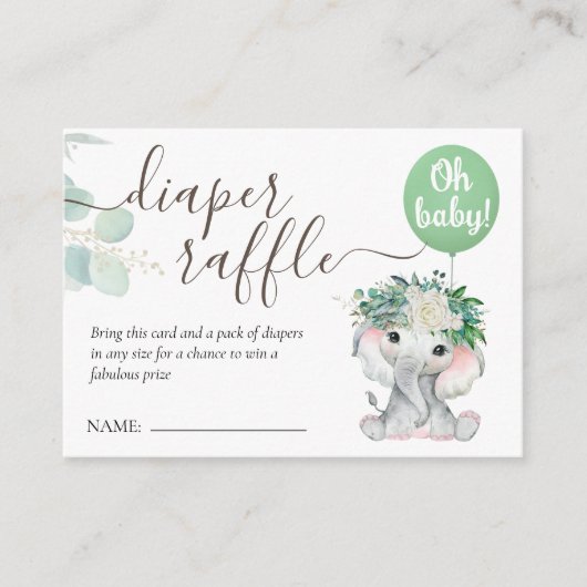 Olifant Groene Ballon Baby shower Luier Raffle Informatiekaartje (Voorkant)