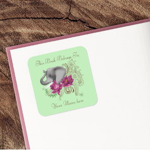 Olifant Henna Lotus Bloemen Bookplate Vierkante Sticker