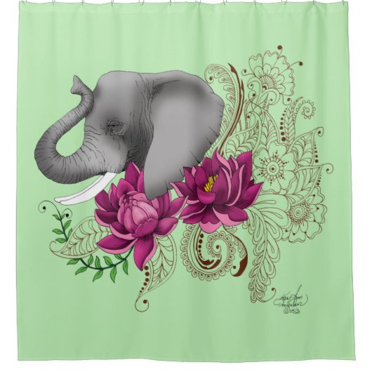 Olifant Henna Lotus Bloemen Douchegordijn (Voorkant)