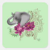 Olifant Henna Lotus Bloemen Vierkante Sticker (Voorkant)