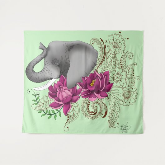 Olifant Henna Lotus Bloemen Wandkleed (Voorkant (horizontaal))