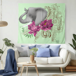 Olifant Henna Lotus Bloemen Wandkleed