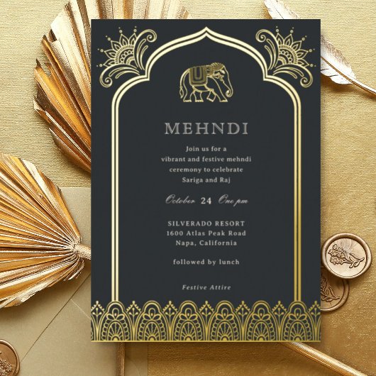 Olifant & Henna-ontwerp Indiase Mehndi Goud Folie Uitnodiging